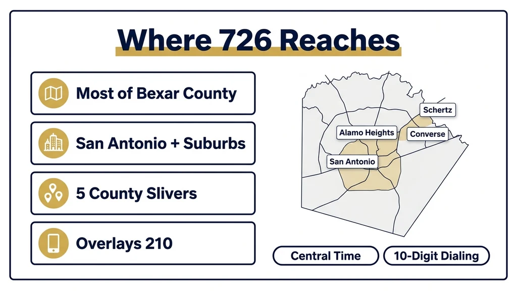Outline map of Bexar County with San Antonio, Alamo Heights, Converse, and Schertz labeled, beside gold-icon cards summarizing 726 coverage