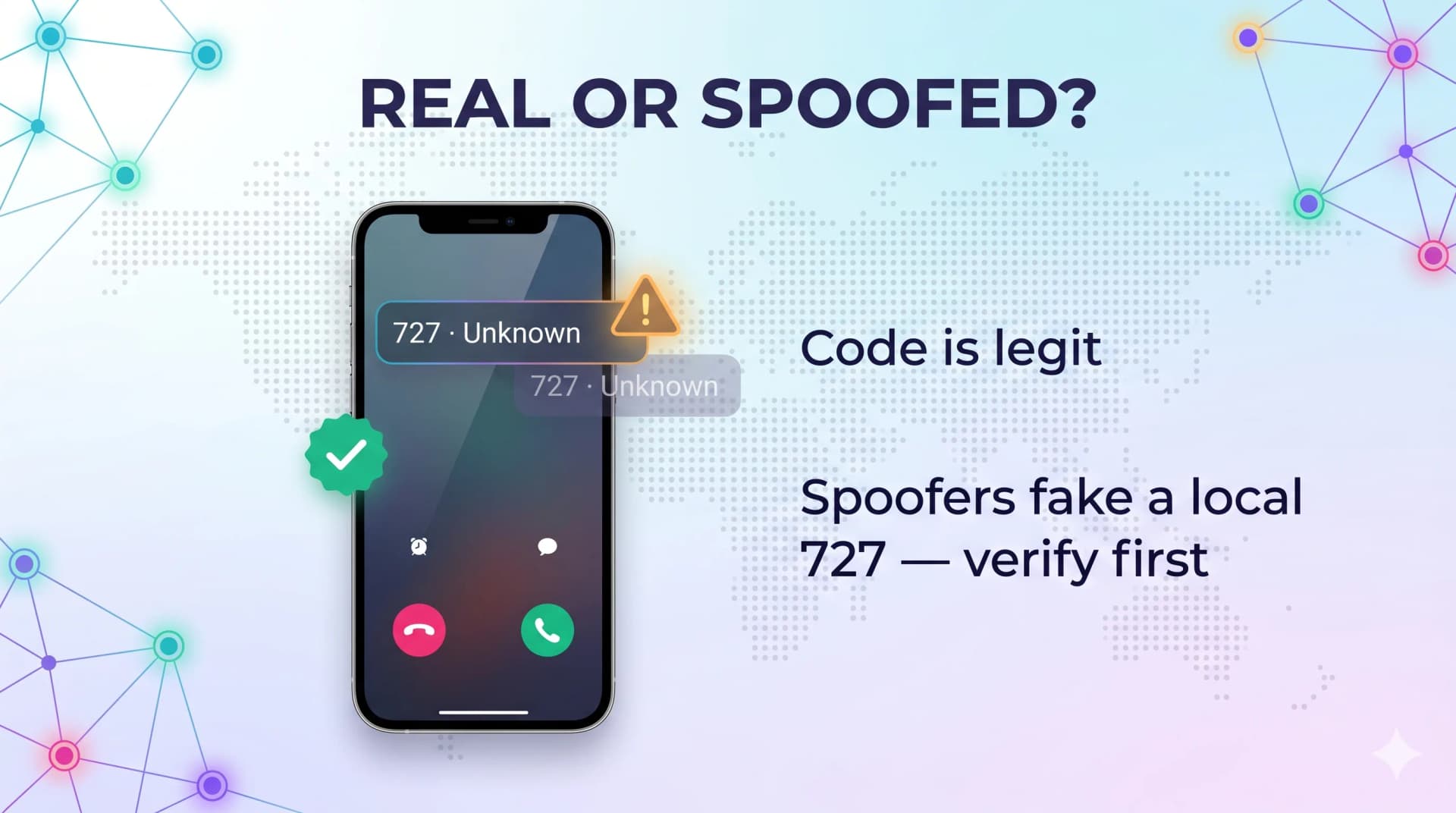 Real or spoofed infographic explaining that the 727 code is legit but scammers fake local numbers, so verify first