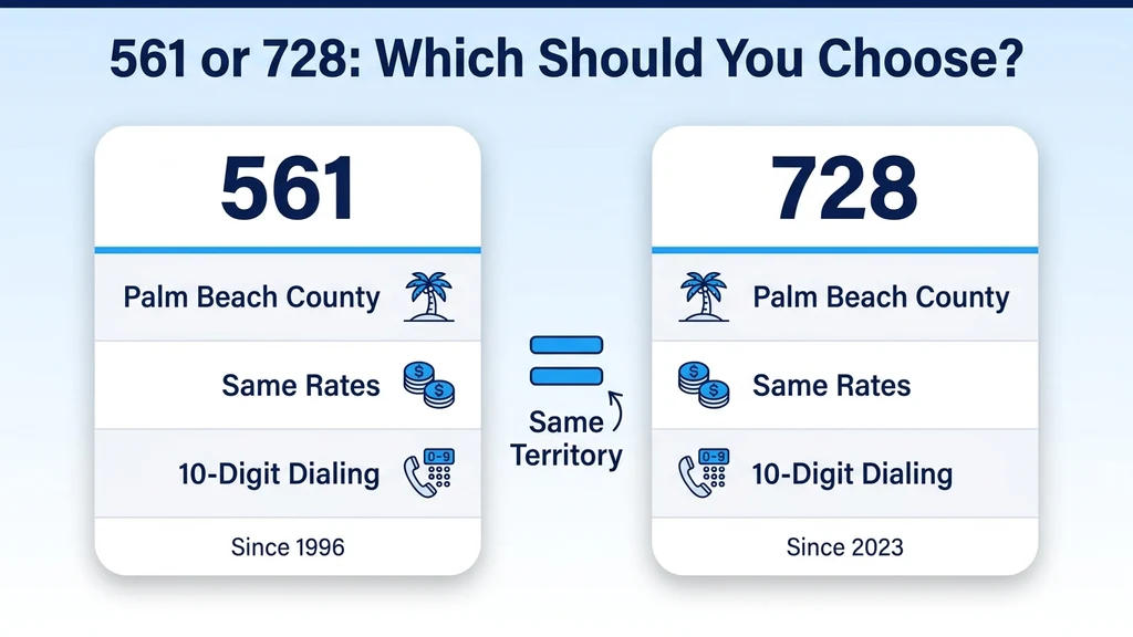 Side-by-side comparison graphic titled 561 or 728, showing two matching cards with identical Palm Beach County coverage and dialing rules, differing only in issue date