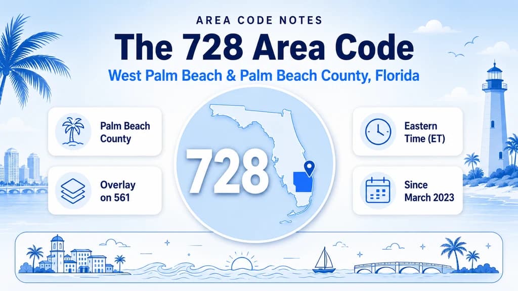 Light blue phone guide banner with a Florida silhouette pinned on Palm Beach County and icon callouts for coverage, dialing, and time zone
