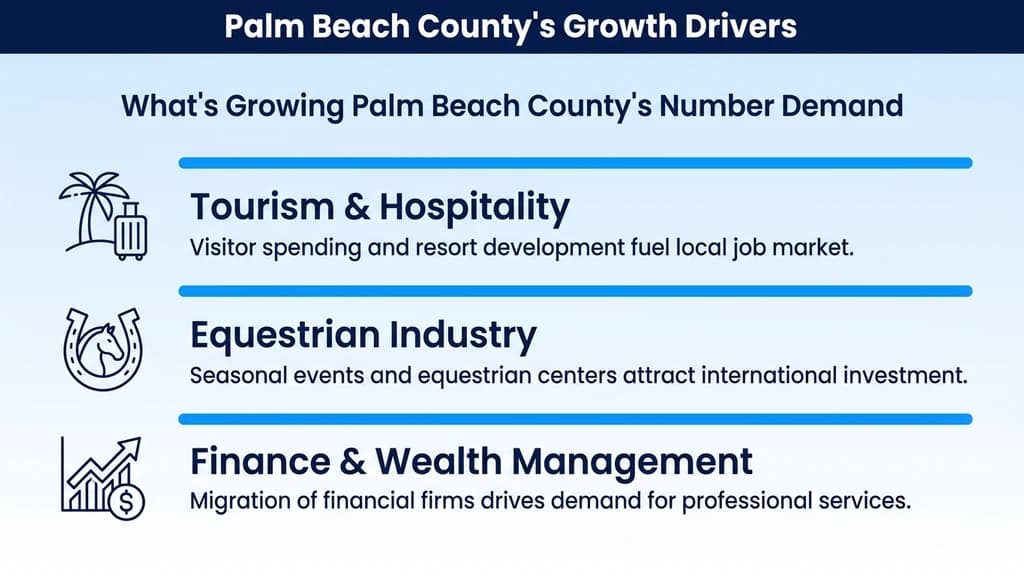 Editorial stat graphic titled What's Growing Palm Beach County's Number Demand, with three blue-barred rows for tourism and hospitality, equestrian industry, and finance relocation