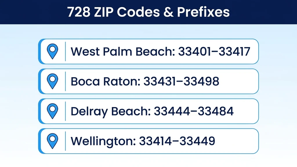 Table-style graphic titled 728 ZIP Codes and Prefixes, listing West Palm Beach, Boca Raton, Delray Beach, and Wellington with ZIP ranges and prefix patterns