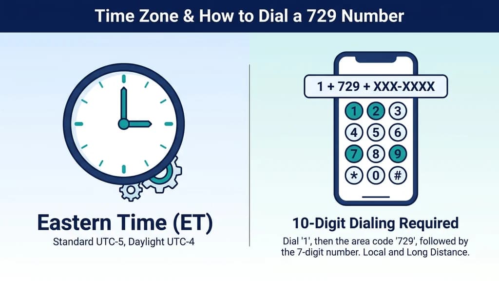 Teal icon graphic showing a clock labeled Eastern Time next to a phone dial-pad icon showing the ten-digit dialing pattern for a 729 number