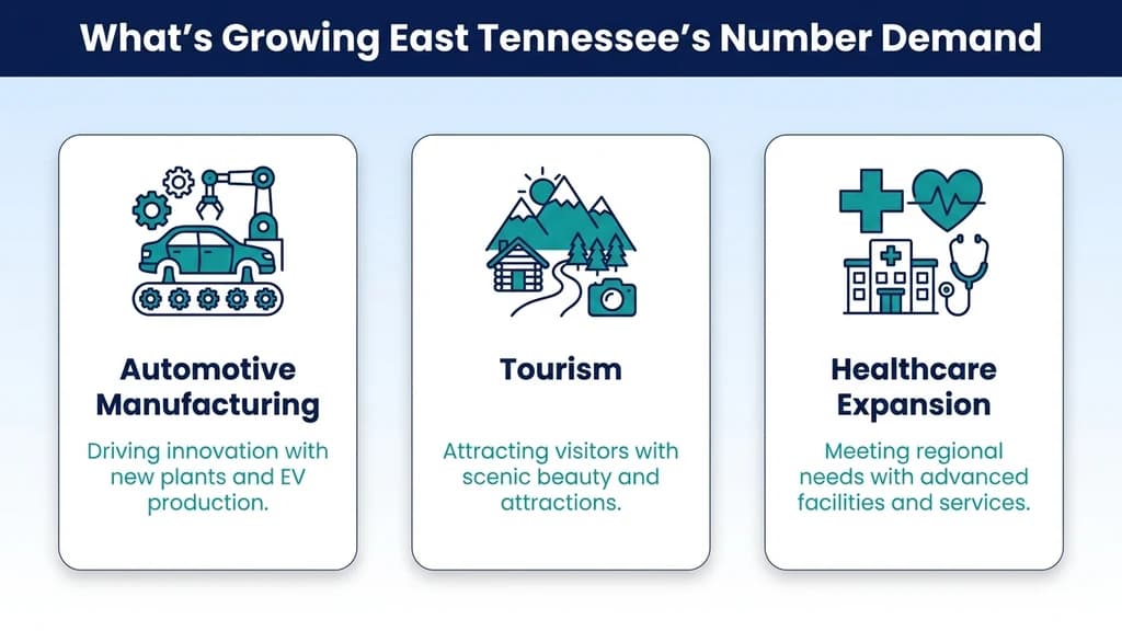 Teal stat graphic titled What's Growing East Tennessee's Number Demand, with three rows for automotive manufacturing, tourism, and healthcare expansion