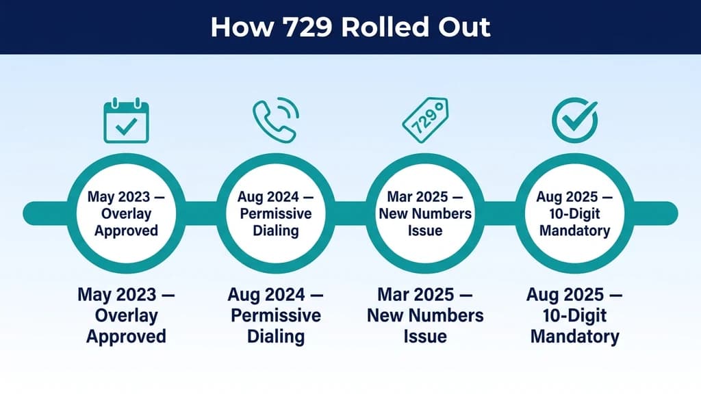 Teal timeline graphic titled How 729 Rolled Out, showing three connected milestones: overlay approved May 2023, permissive dialing August 2024, and mandatory 10-digit dialing August 2025