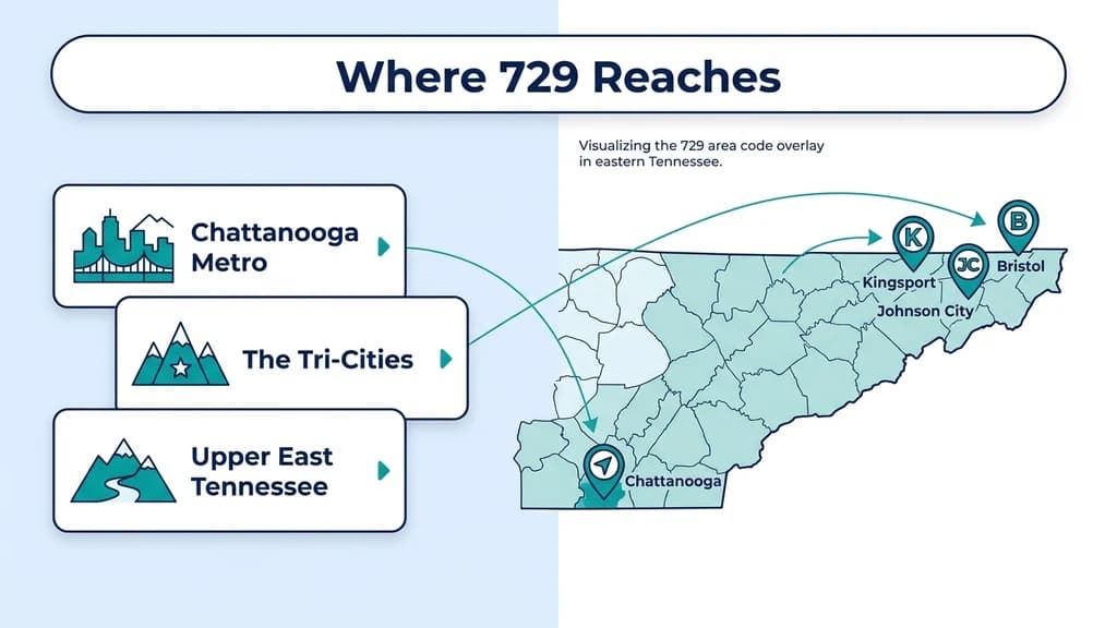 Teal Tennessee map graphic with the 423 region highlighted and pins for Chattanooga, Kingsport, Johnson City, and Bristol
