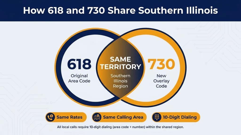 Diagram showing 618 and 730 as two overlapping regions across southern Illinois, labeled same territory, same rates, ten-digit dialing