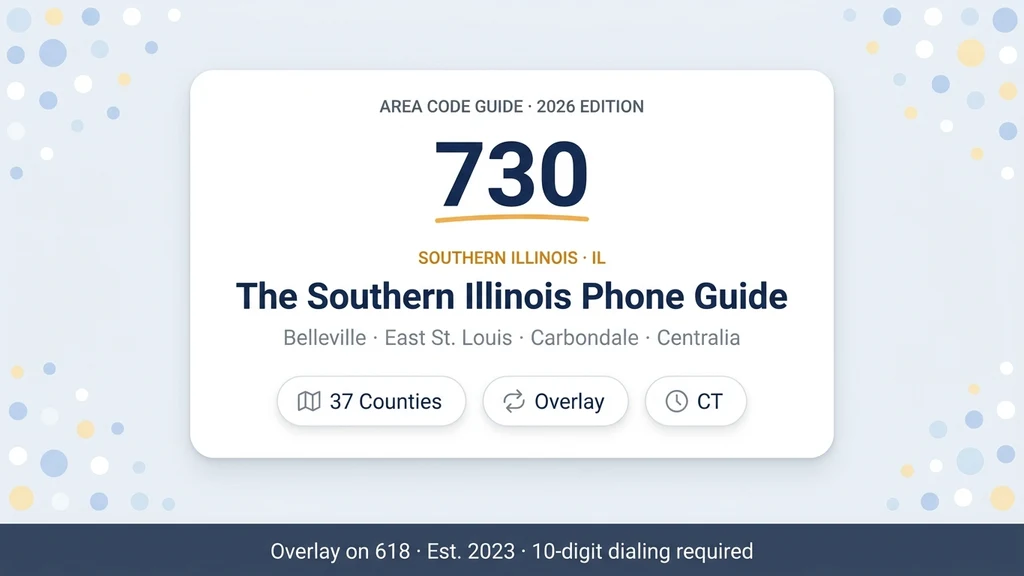 Light card-style banner with an Illinois silhouette highlighting the southern 618/730 region and stat pills for counties, overlay, and time zone