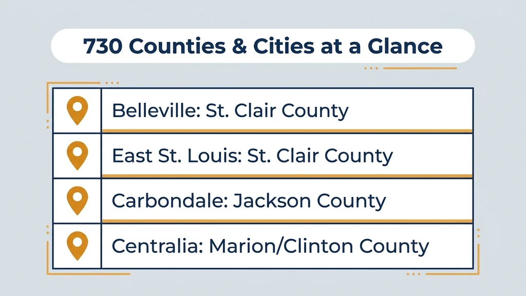 Table-style graphic titled 730 Counties and Cities at a Glance, listing Belleville, East St. Louis, Carbondale, and Centralia with their counties