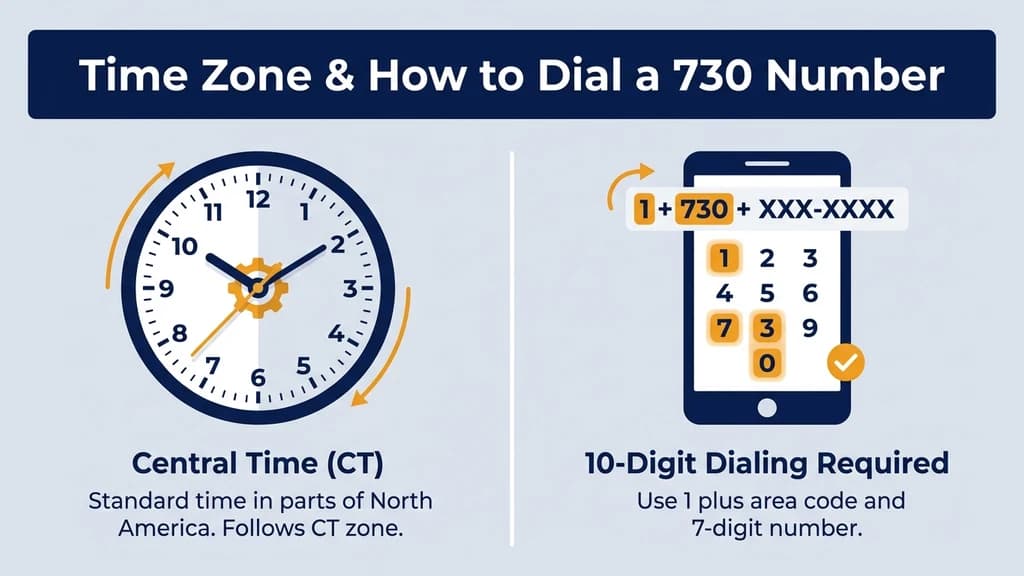 Icon graphic showing a clock labeled Central Time next to a phone dial-pad icon showing the ten-digit dialing pattern for a 730 number