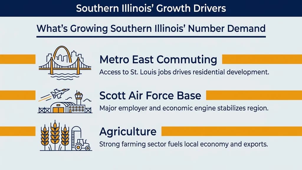 Editorial stat graphic titled What's Growing Southern Illinois' Number Demand, with three orange-barred rows for Metro East/St. Louis commuting, Scott Air Force Base, and agriculture