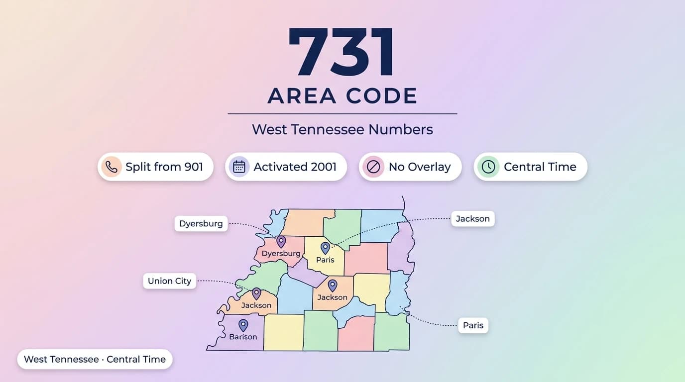731 area code hero infographic for Jackson, Dyersburg, Union City, Paris, and Savannah across West Tennessee