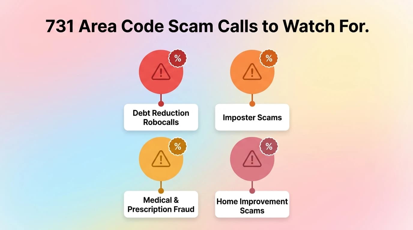 731 area code scam calls infographic showing debt reduction robocalls, imposter scams, medical and prescription fraud, and home improvement scams targeting West Tennessee residents