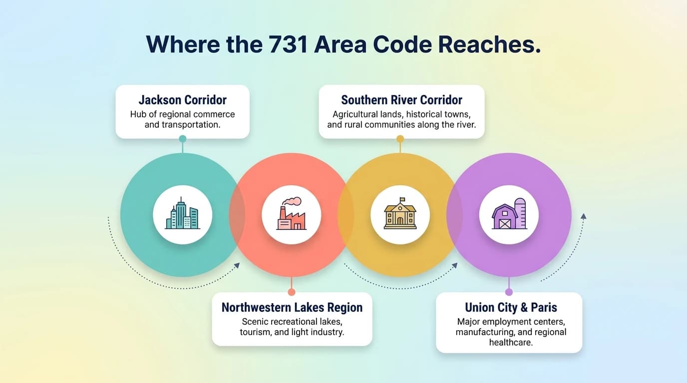 Where the 731 area code reaches — infographic showing West Tennessee counties with city markers for Jackson, Dyersburg, Union City, Paris, Savannah, and Brownsville