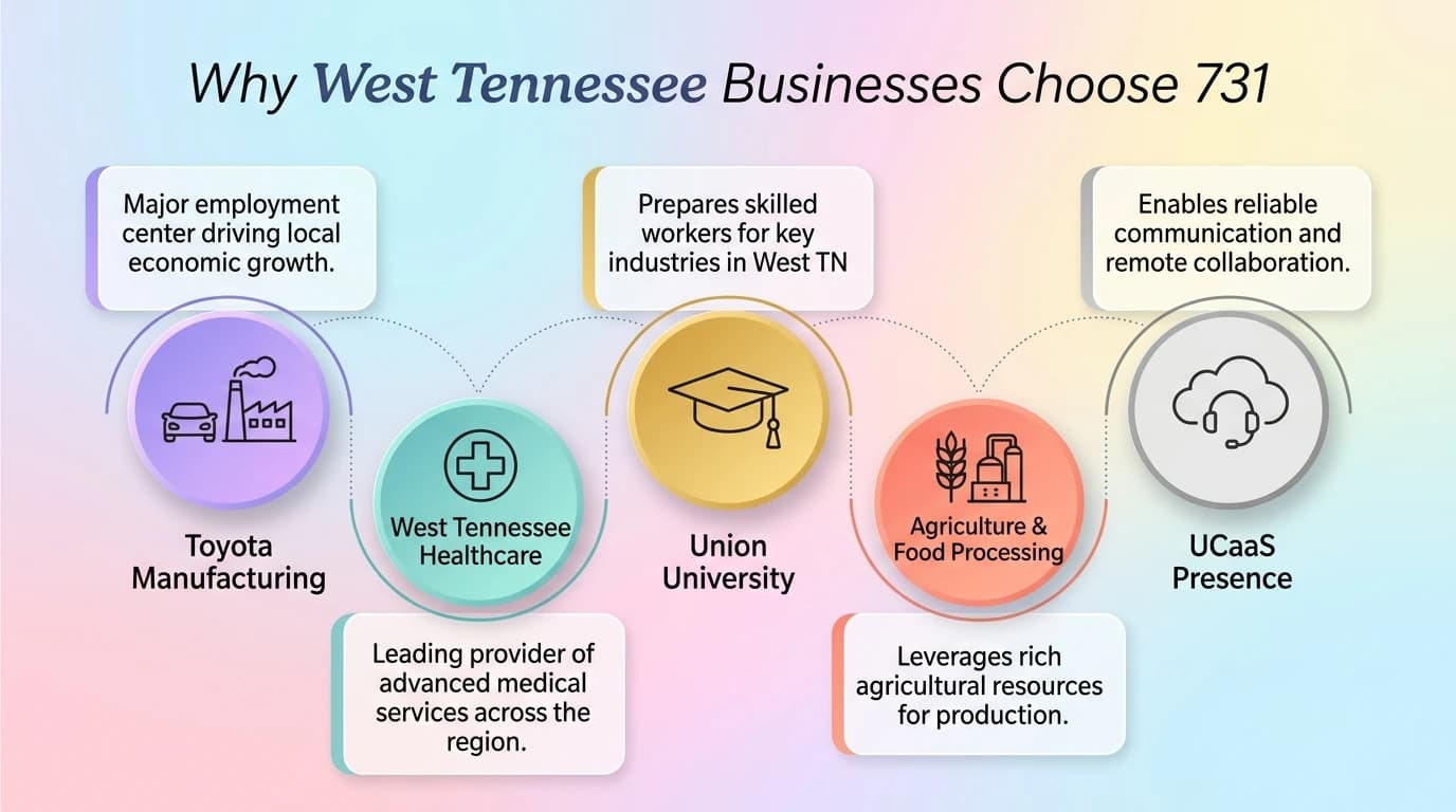 Why a 731 number is good for business — infographic showing Toyota Motor Manufacturing Tennessee, Union University Jackson, West Tennessee Healthcare, and UCaaS virtual West Tennessee presence