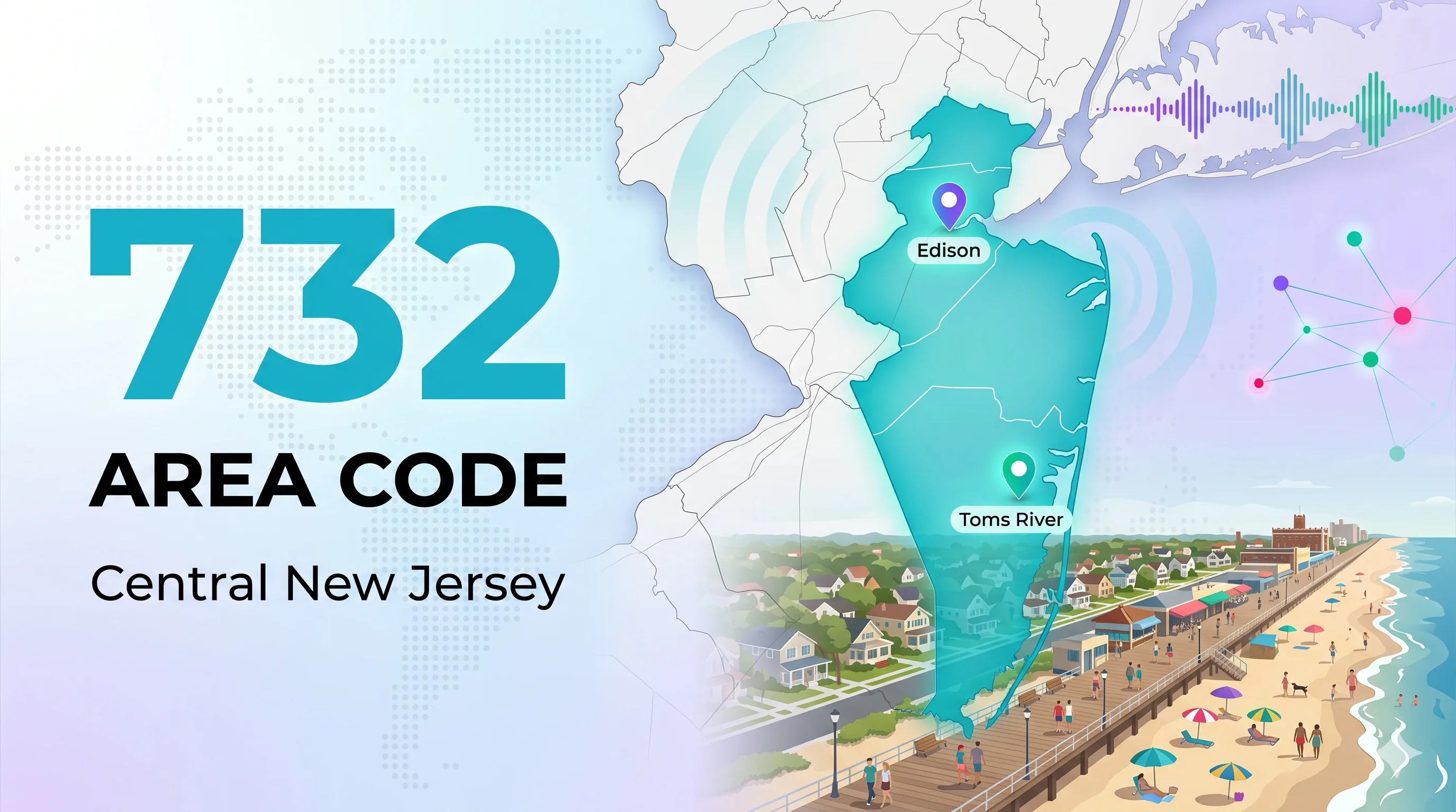 732 area code infographic showing central New Jersey coverage from Edison to Toms River and the Jersey Shore