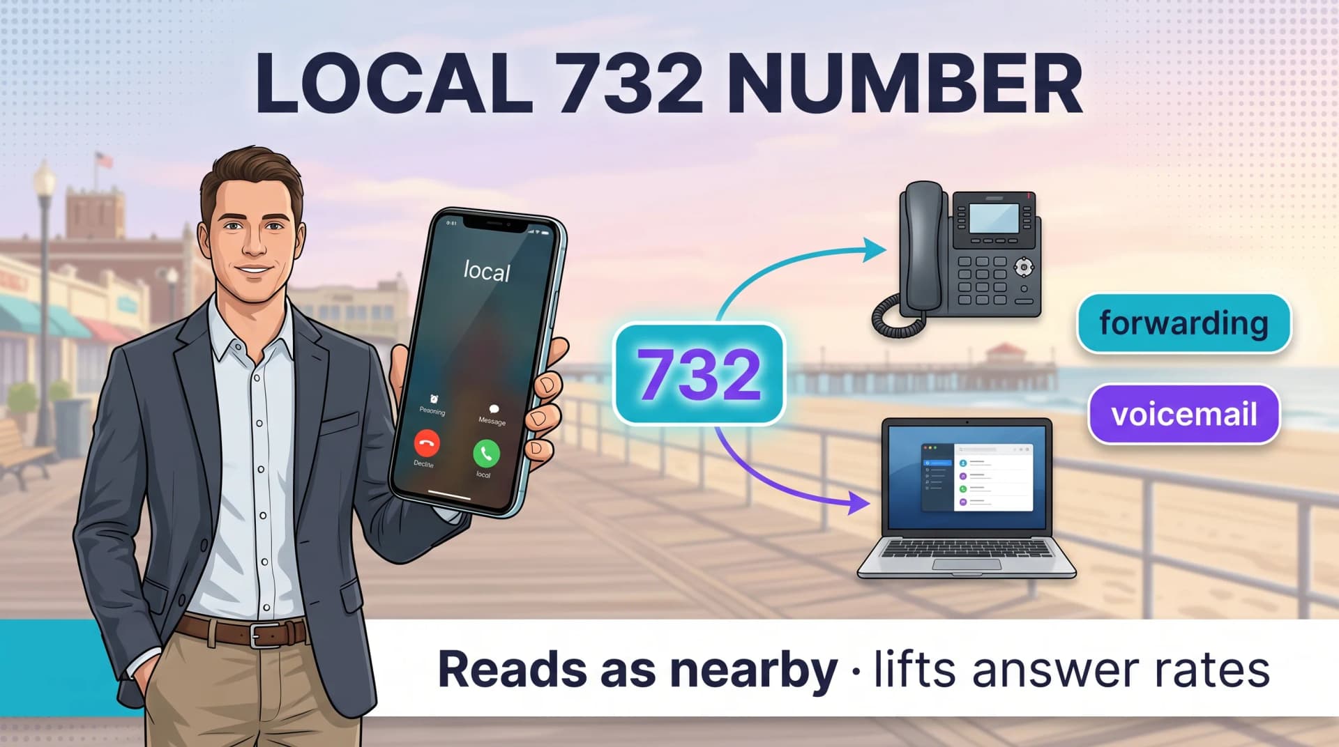 Local 732 number shown forwarding to desk phone and laptop with voicemail, reading as nearby to lift answer rates