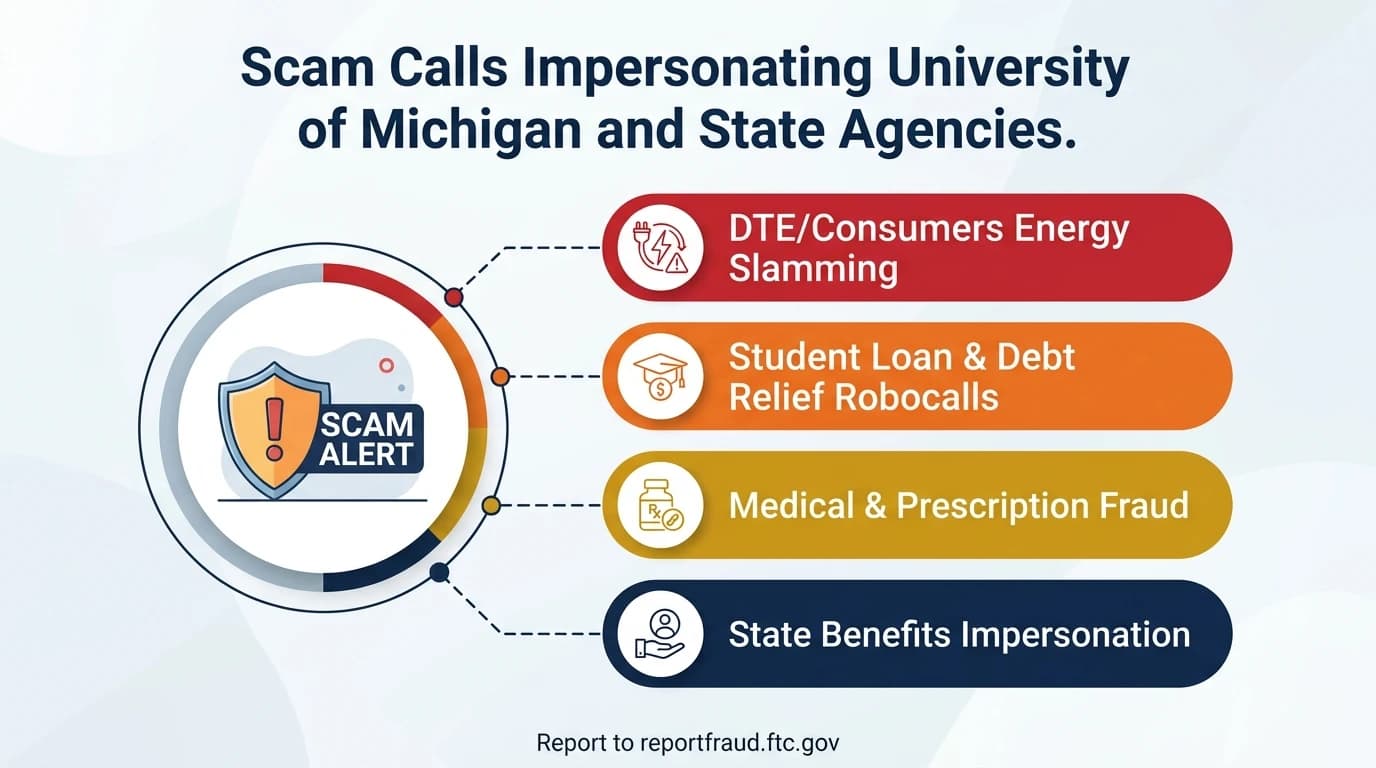734 area code scam calls infographic showing DTE Energy slamming scams, student loan and debt relief robocalls, medical and prescription fraud, and Michigan benefits impersonation targeting Ann Arbor and Washtenaw County residents