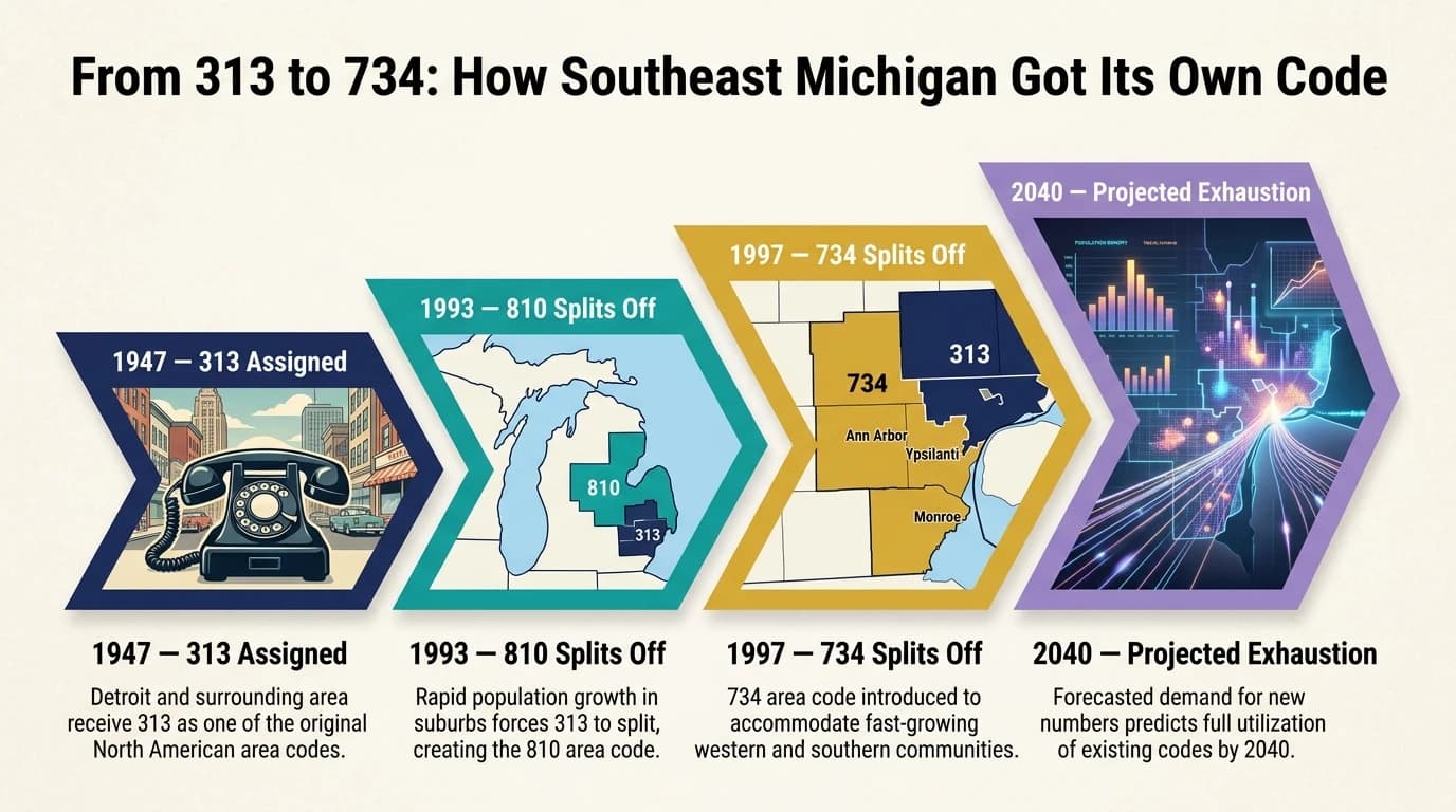 How area code 734 was created — timeline infographic showing the 1947 313 statewide assignment and the December 1997 734 geographic split for southeast Michigan