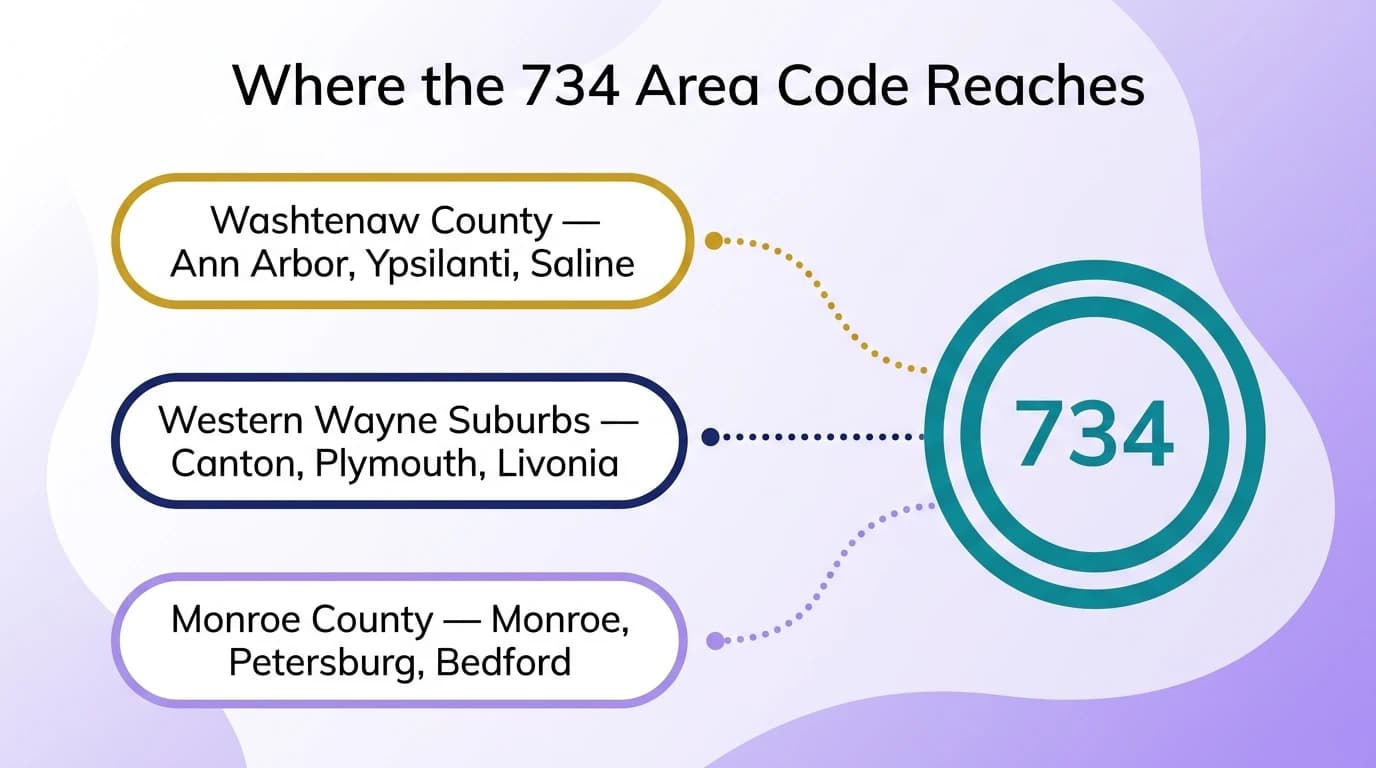 Where the 734 area code reaches — infographic showing Washtenaw, Monroe, and western Wayne counties with city markers for Ann Arbor, Ypsilanti, Canton, Plymouth, and Monroe