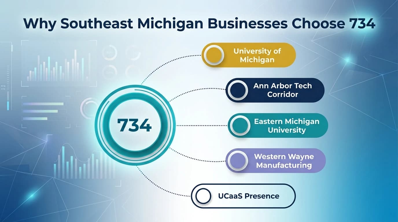 Why a 734 number is good for business — infographic showing the University of Michigan, Google Ann Arbor, Toyota Motor North America R&D, and UCaaS virtual southeast Michigan presence