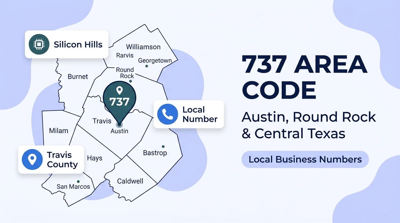 737 area code hero infographic for Austin, Round Rock, Georgetown, San Marcos, and Cedar Park across the Texas Silicon Hills