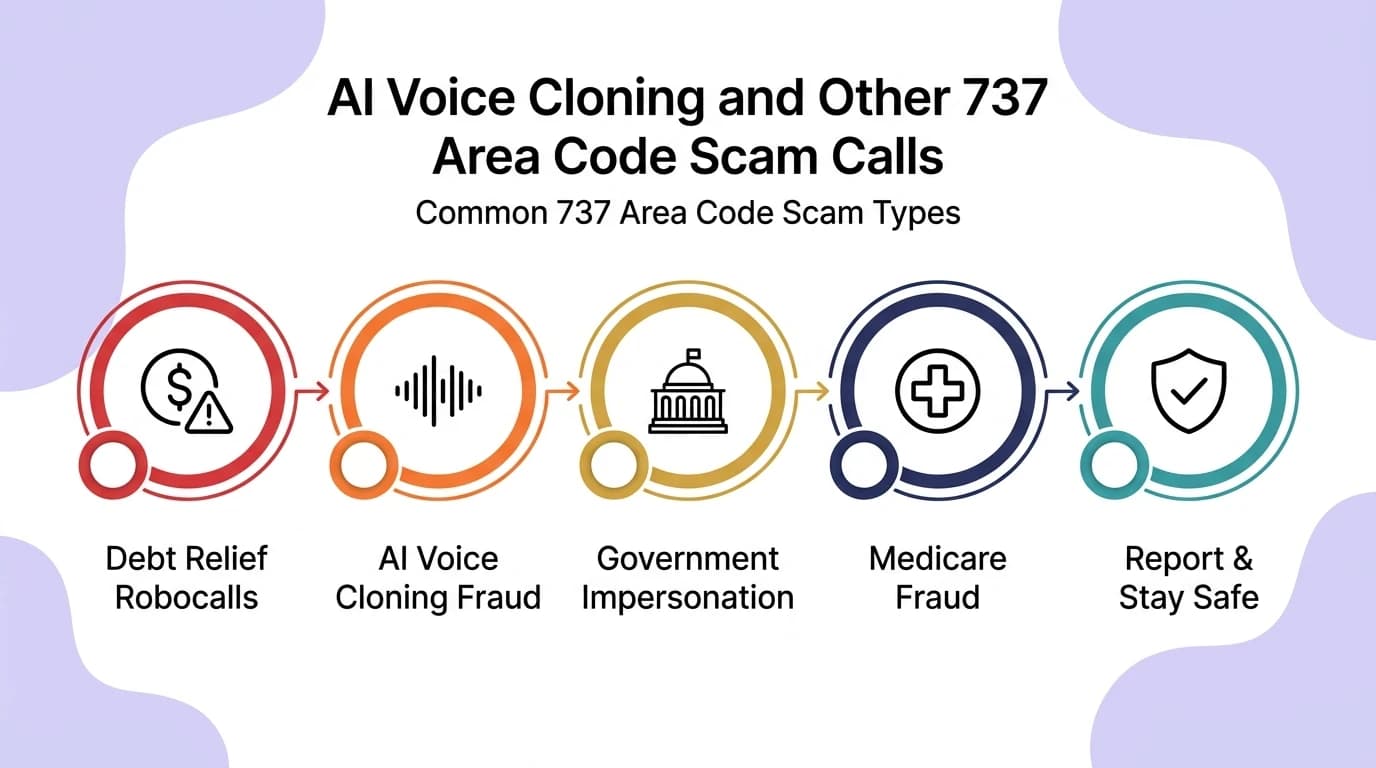 737 area code scam calls infographic showing debt relief robocalls, AI voice cloning fraud, government agency impersonation, and Medicare fraud targeting Austin and Central Texas residents