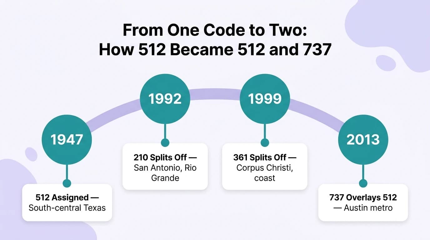 How area code 737 was created — timeline infographic showing the 1947 512 statewide assignment, the 1992 210 split, the 1999 361 split, and the 2013 737 overlay activation