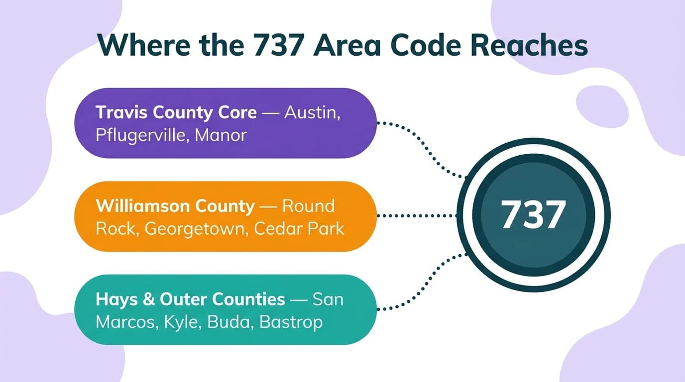 Where the 737 area code reaches — infographic showing Travis, Williamson, Hays, and Bastrop counties with city markers for Austin, Round Rock, Georgetown, San Marcos, and Cedar Park