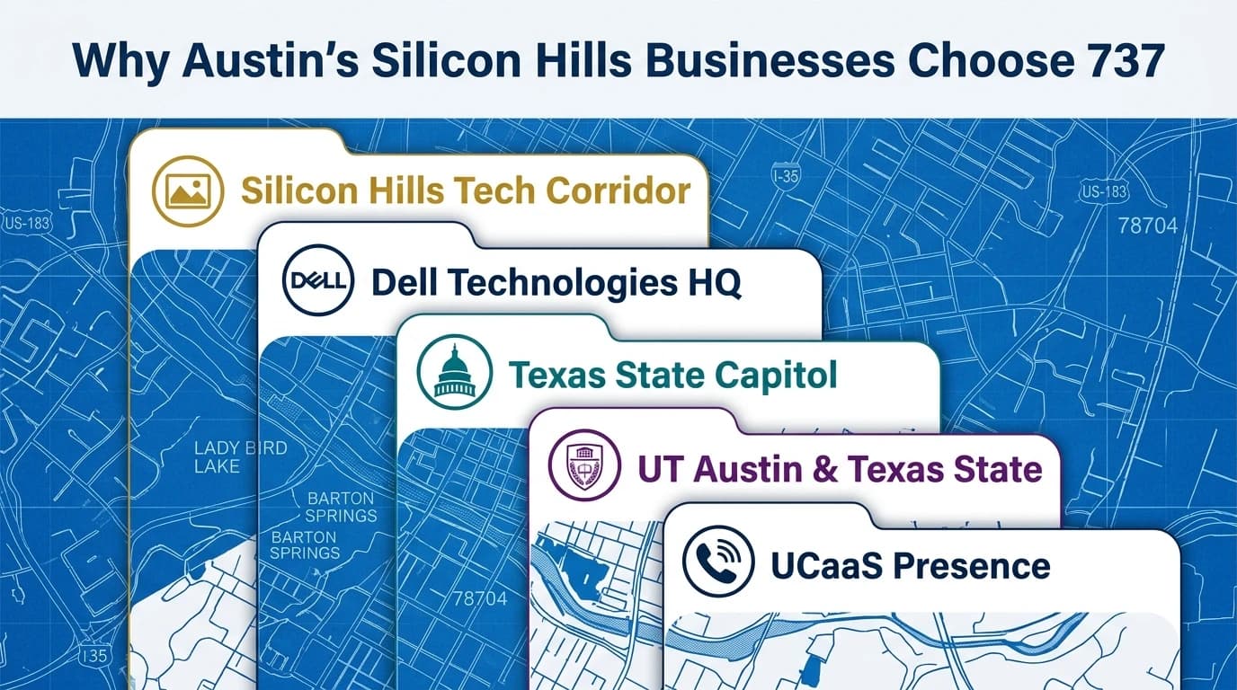Why a 737 number is good for business — infographic showing Dell Technologies headquarters, University of Texas at Austin, Texas State Capitol, and UCaaS virtual Austin presence