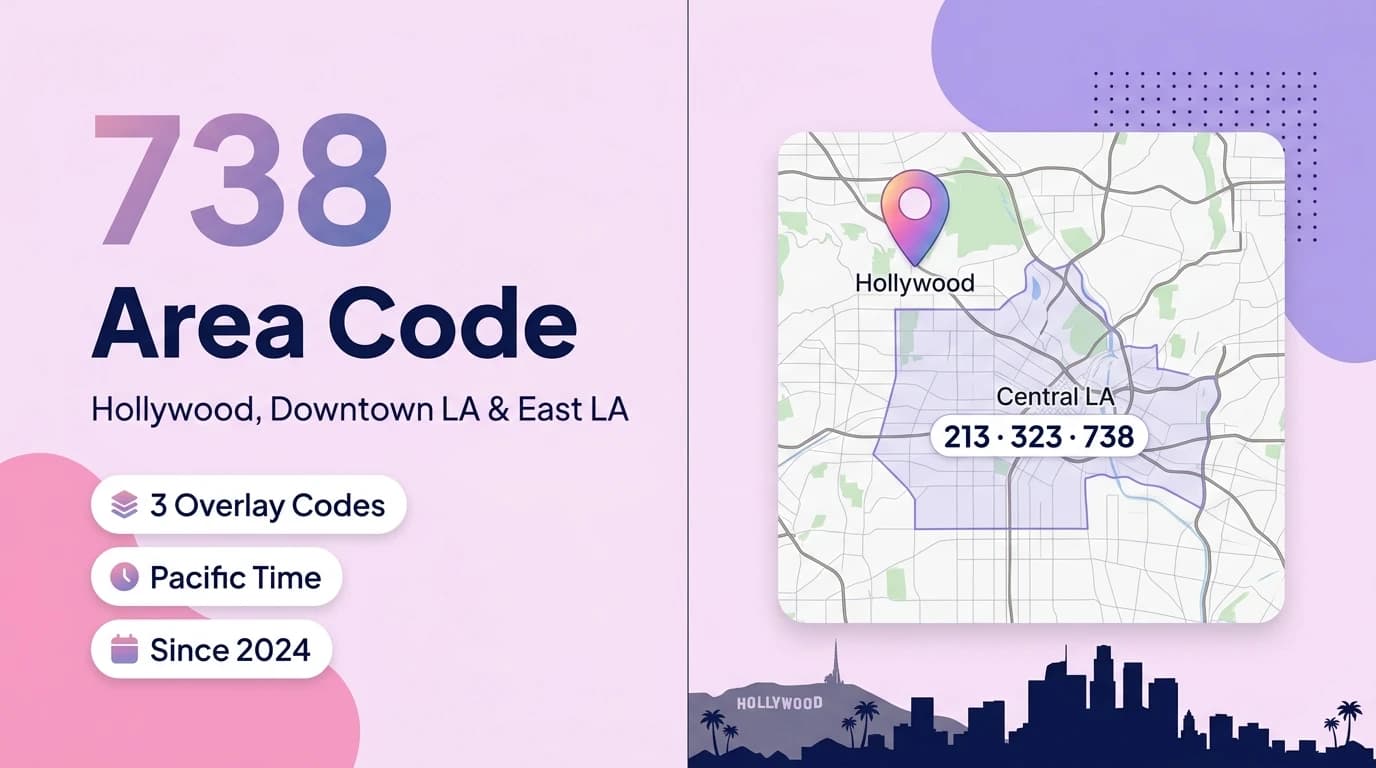 738 area code hero infographic for Hollywood, East Los Angeles, Boyle Heights, Silver Lake, and South Gate across Central Los Angeles