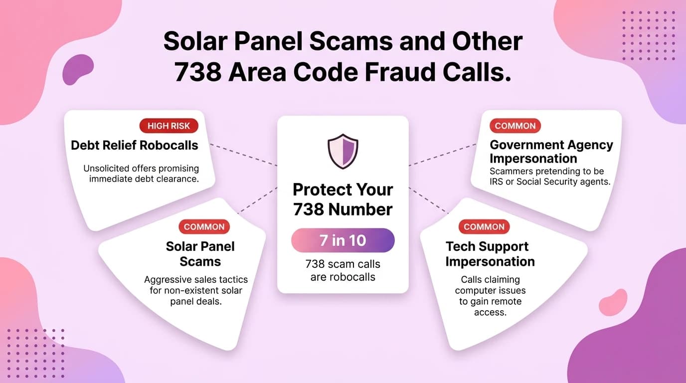 738 area code scam calls infographic showing debt relief robocalls, solar panel scams, tech support impersonation, and government agency impersonation targeting Hollywood and Los Angeles residents