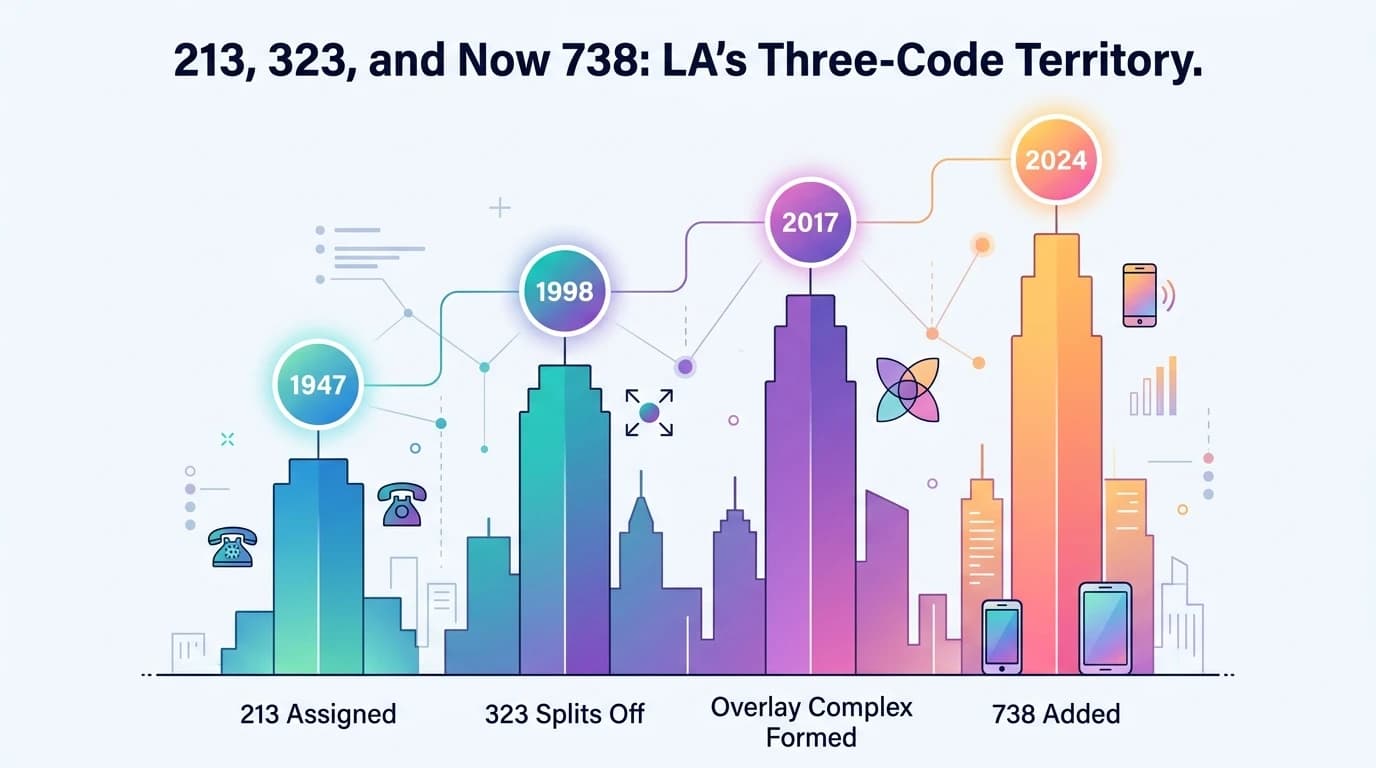 How area code 738 was created — timeline infographic showing the 1947 213 statewide assignment, the 1998 323 split, and the November 2024 738 overlay activation for Los Angeles