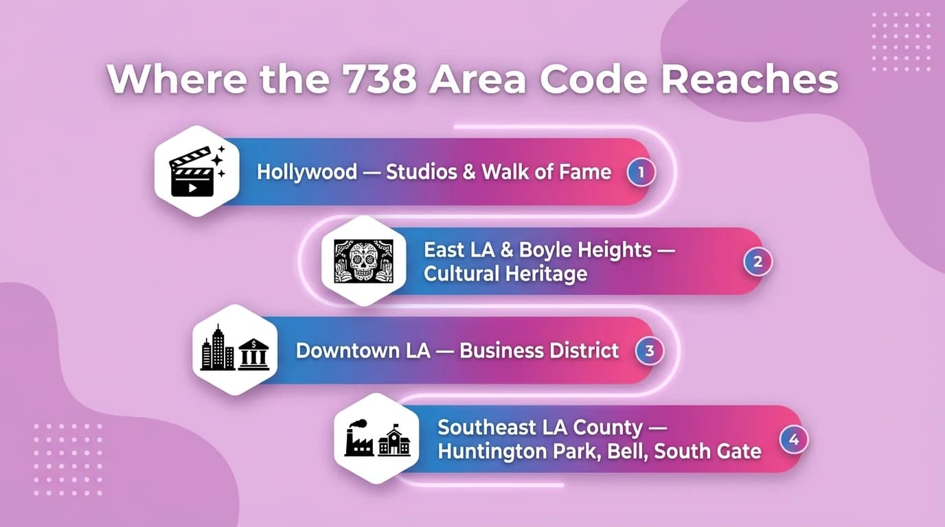Where the 738 area code reaches — infographic showing downtown Los Angeles, Hollywood, East Los Angeles, and southeast LA County with markers for Silver Lake, Echo Park, Boyle Heights, and South Gate