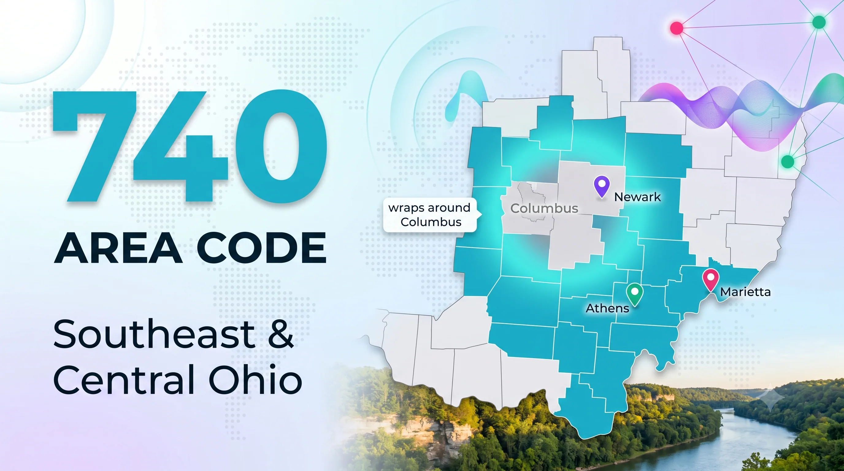 740 area code infographic covering southeastern and central Ohio, with a map showing Newark, Athens and Marietta wrapping around Columbus