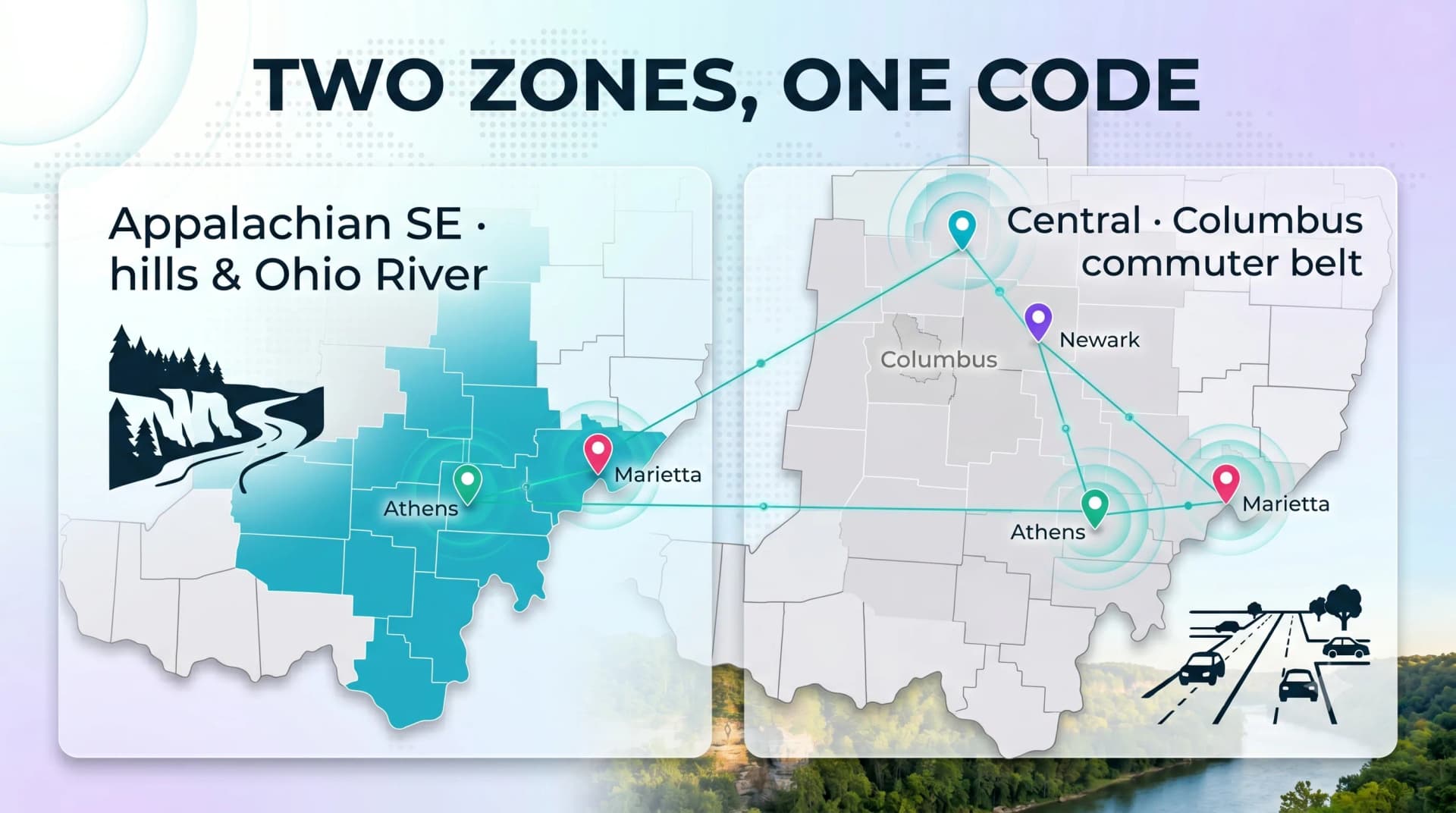 Two zones, one code: the 740 area code split into the Appalachian southeastern hills and Ohio River region and the central Columbus commuter belt, with Athens, Newark and Marietta marked