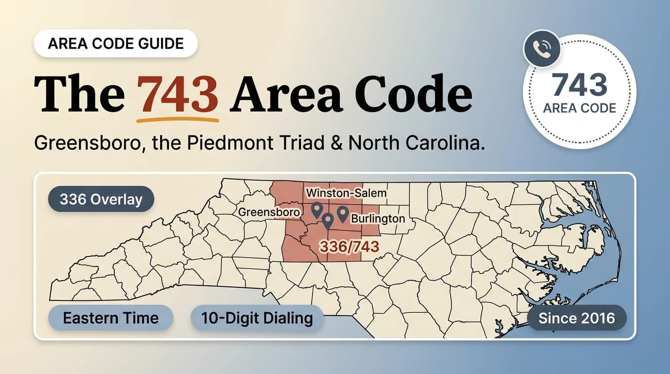 743 area code hero infographic for Greensboro, Winston-Salem, High Point, Burlington, and Kernersville across North Carolina's Piedmont Triad