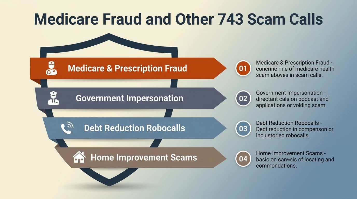 743 area code scam calls infographic showing Medicare and prescription fraud, government agency impersonation, debt reduction robocalls, and home improvement scams targeting Greensboro and Winston-Salem residents