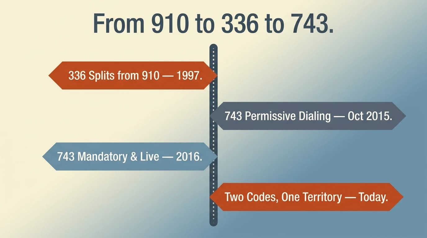 How area code 743 was created — timeline infographic showing the 1997 336 split from 910 and the May 2016 743 overlay activation for the Piedmont Triad