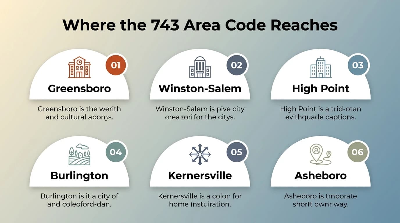 Where the 743 area code reaches — infographic showing Guilford, Forsyth, and Randolph counties with city markers for Greensboro, Winston-Salem, High Point, Burlington, and Kernersville