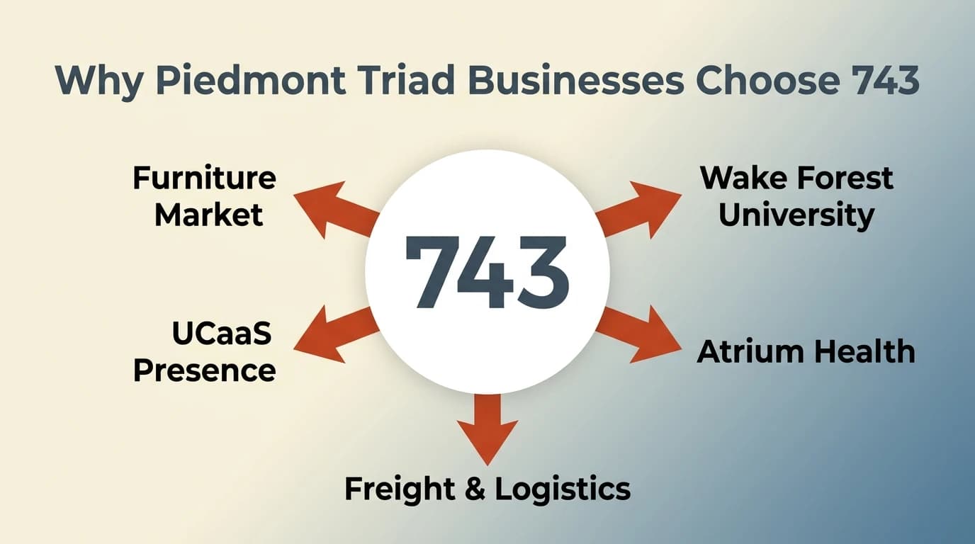 Why a 743 number is good for business — infographic showing the High Point Furniture Market, Wake Forest University, Atrium Health Wake Forest Baptist, and UCaaS virtual Piedmont Triad presence