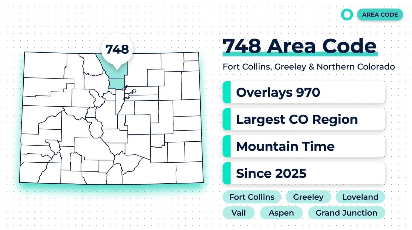 748 area code hero infographic for Fort Collins, Greeley, Loveland, Grand Junction, and Steamboat Springs across northern and western Colorado