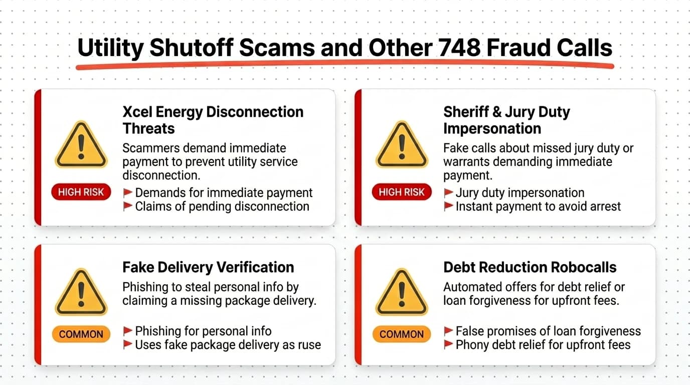 748 area code scam calls infographic showing Xcel Energy disconnection threats, sheriff impersonation, fake FedEx delivery scams, and debt reduction robocalls targeting Fort Collins and Northern Colorado residents