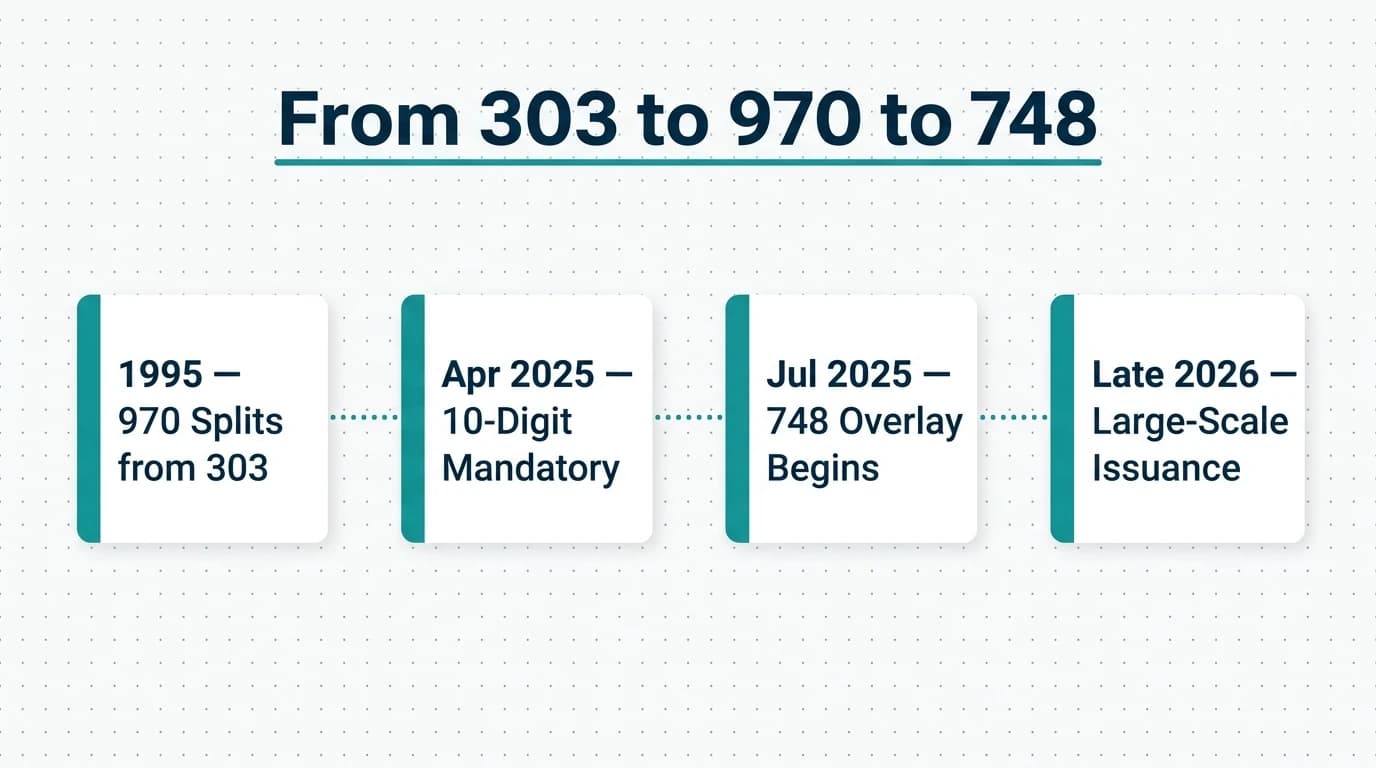 How area code 748 was created — timeline infographic showing the 1995 970 split from 303 and the July 2025 748 overlay activation for northern and western Colorado