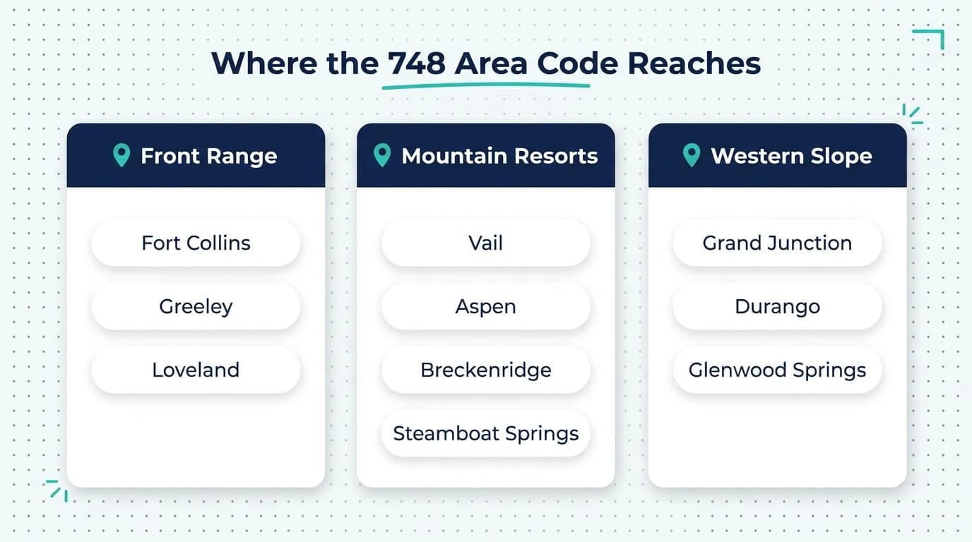 Where the 748 area code reaches — infographic showing Fort Collins, Greeley, Loveland, Grand Junction, and Steamboat Springs across northern and western Colorado