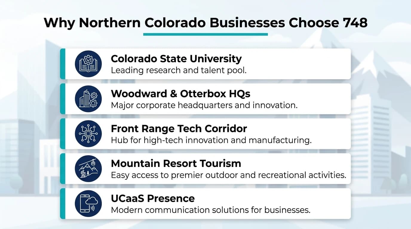 Why a 748 number is good for business — infographic showing Colorado State University, Woodward headquarters, Otterbox headquarters, and UCaaS virtual Northern Colorado presence