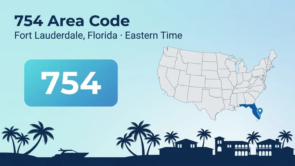 Map of the United States with Florida highlighted and a pin over Fort Lauderdale, a bold 754 area code badge, and a coastal skyline silhouette