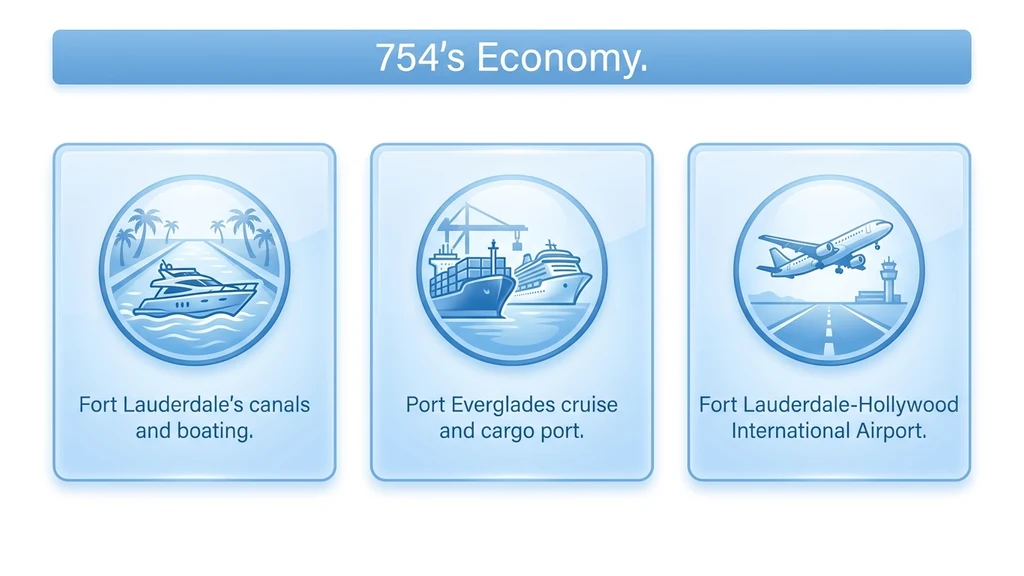 Editorial stat graphic titled 754's Economy, with rows for Fort Lauderdale's canals and boating culture, Port Everglades, and the region's airport