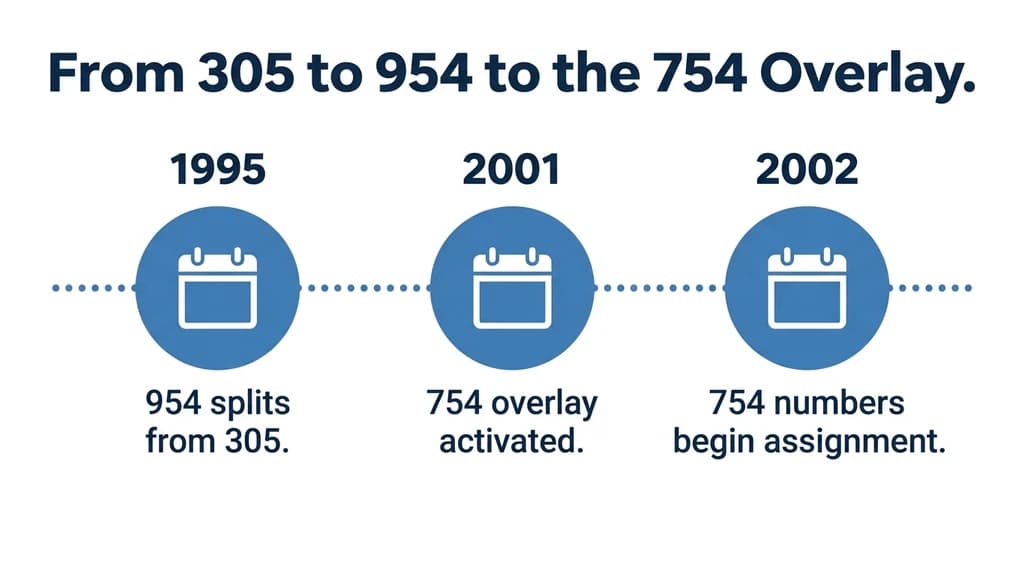 Timeline graphic showing area code 305 splitting into 954 in 1995, then 754 added as an overlay in 2001