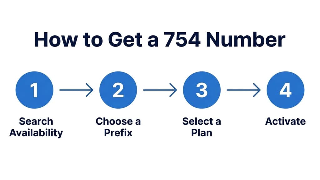 Step-by-step graphic showing four steps to get a 754 number: search availability, choose a prefix, select a plan, activate